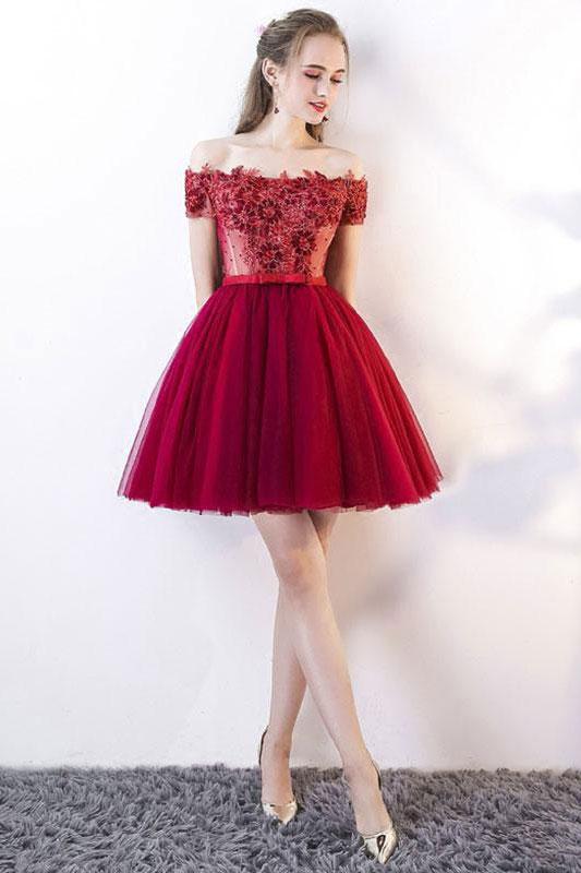 Off the Shoulder Red Floral Short Homecoming Dress
