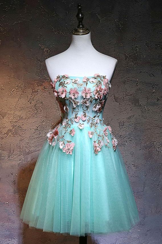 Turquoise Short A-line Flowers Party Dress
