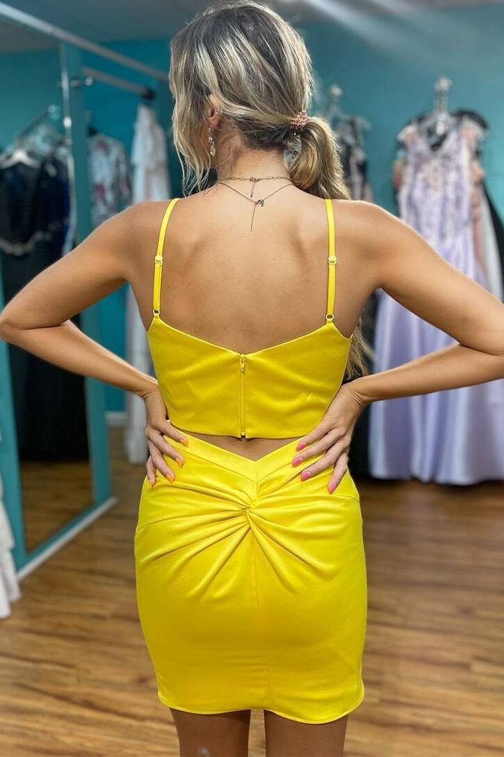 Two Piece Yellow Straps Tight Homecoming Dress