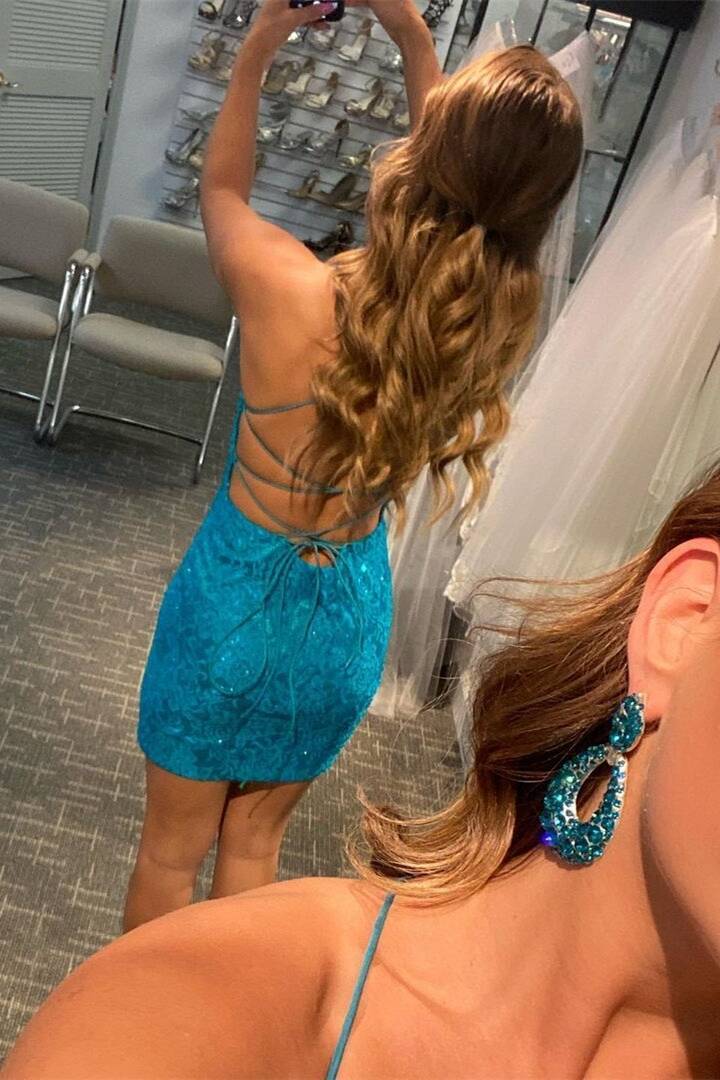 Blue Lace Tight Homecoming Dress with Lace-Up Back Modsele Blue Lace Tight Homecoming Dress with Lace-Up Back Modsele