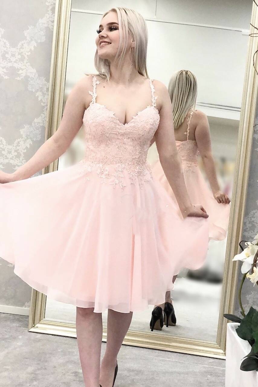 Pink Spaghetti Straps Lace Appliques Short Homecoming Dress