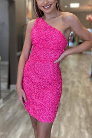 One Shoulder Hot Pink Sequins Tight Party Dress