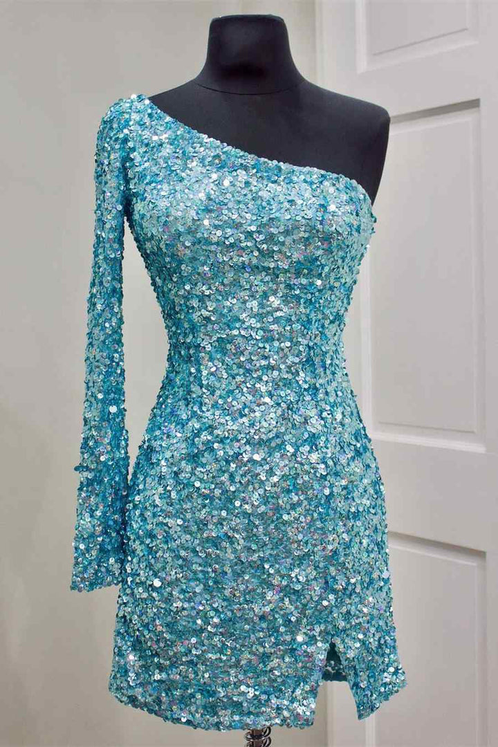 One Sleeve Hot Pink Sequins Party Dress