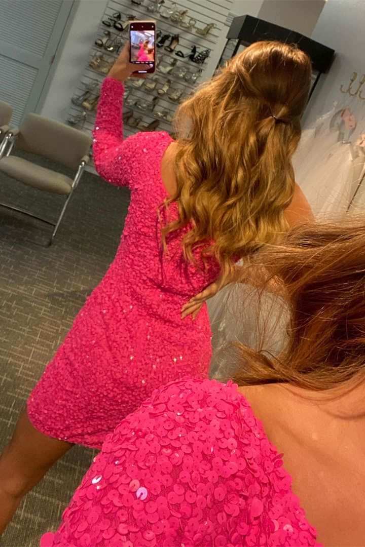 One Sleeve Hot Pink Sequins Party Dress