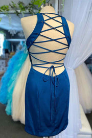 Tight Blue Mini Party Dress with Lace Up Back