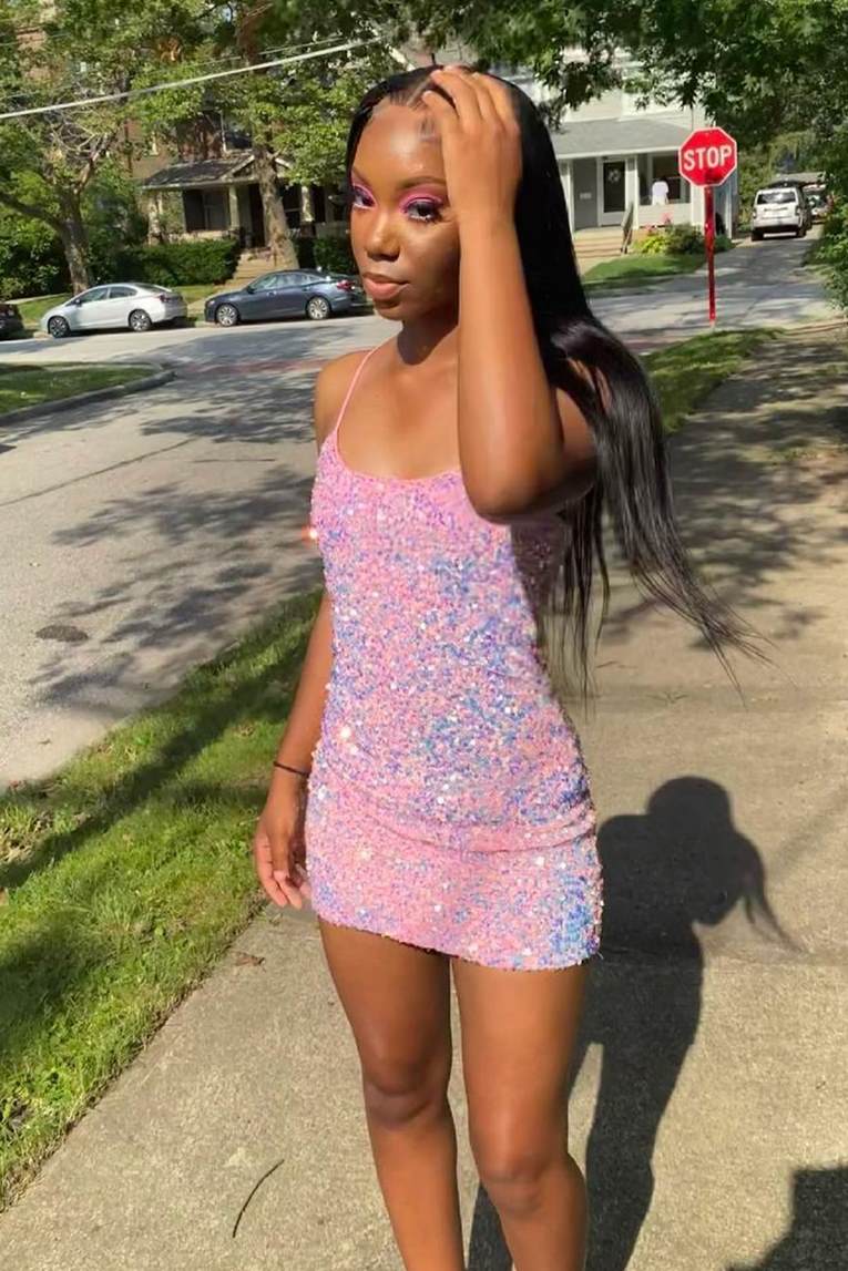Spaghetti Straps Pink Sequins Bodycon Homecoming Dress