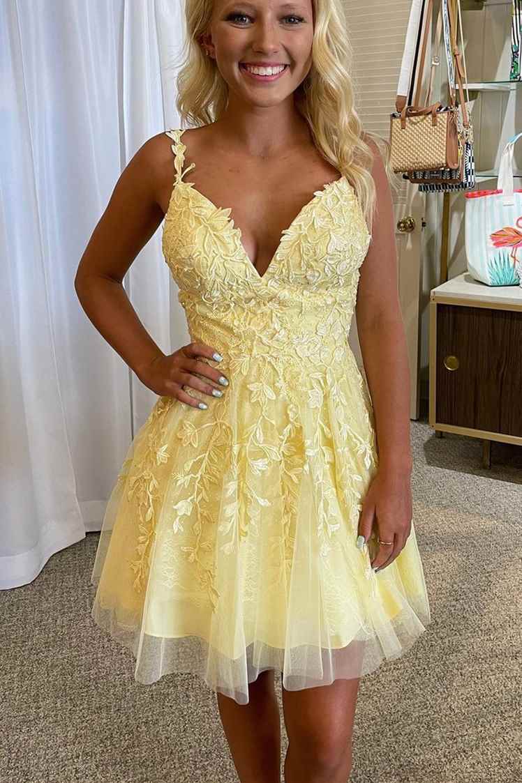 Princess Yellow Appliques A-line Short Homecoming Dress Modsele Princess Yellow Appliques A-line Short Homecoming Dress Modsele