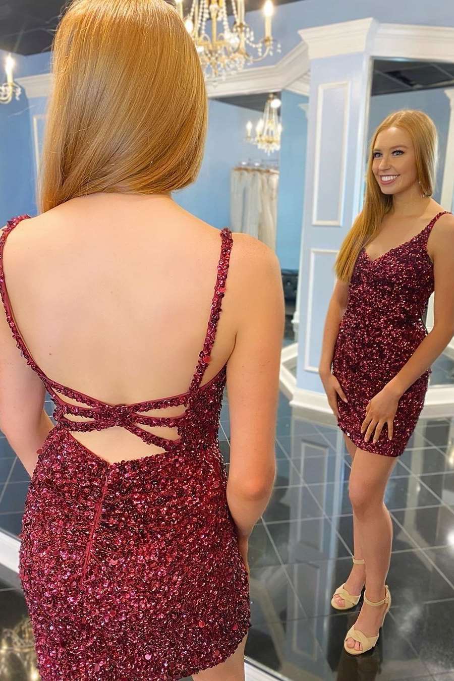 Red Sequins Tight Mini Homecoming Dress