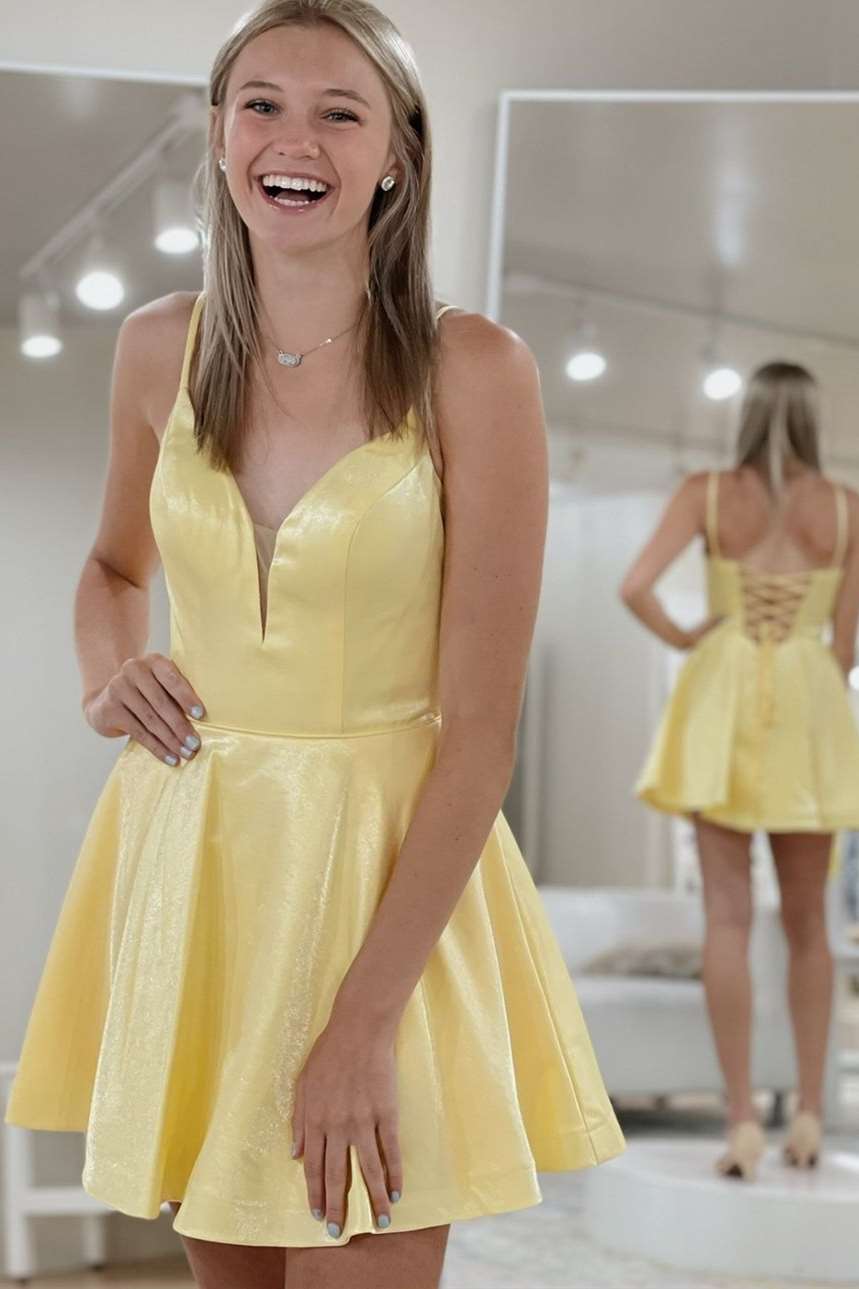 Yellow Spaghetti Straps A-line Homecoming Dress