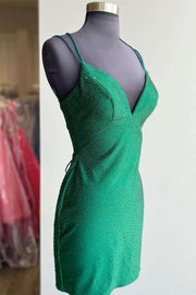 Beaded Green Straps Bodycon Mini Homecoming Dress