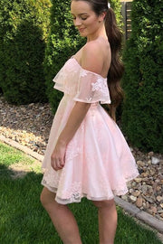 Off the Shoulder Pink Lace Short Party Dress