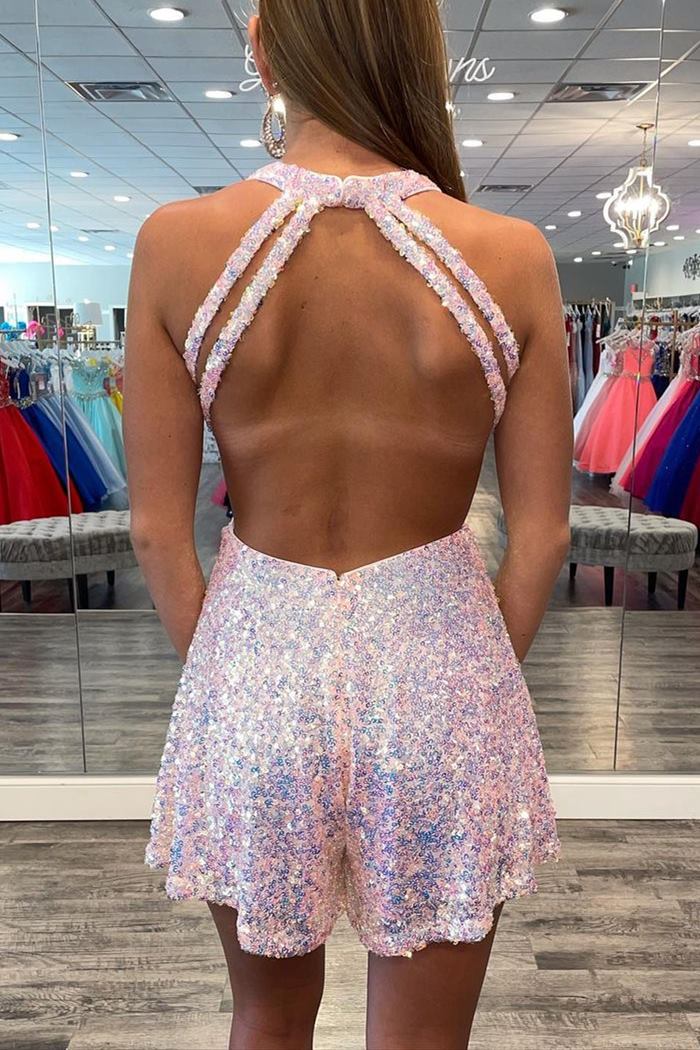Pink Sequins Scoop Romper for Homecoming