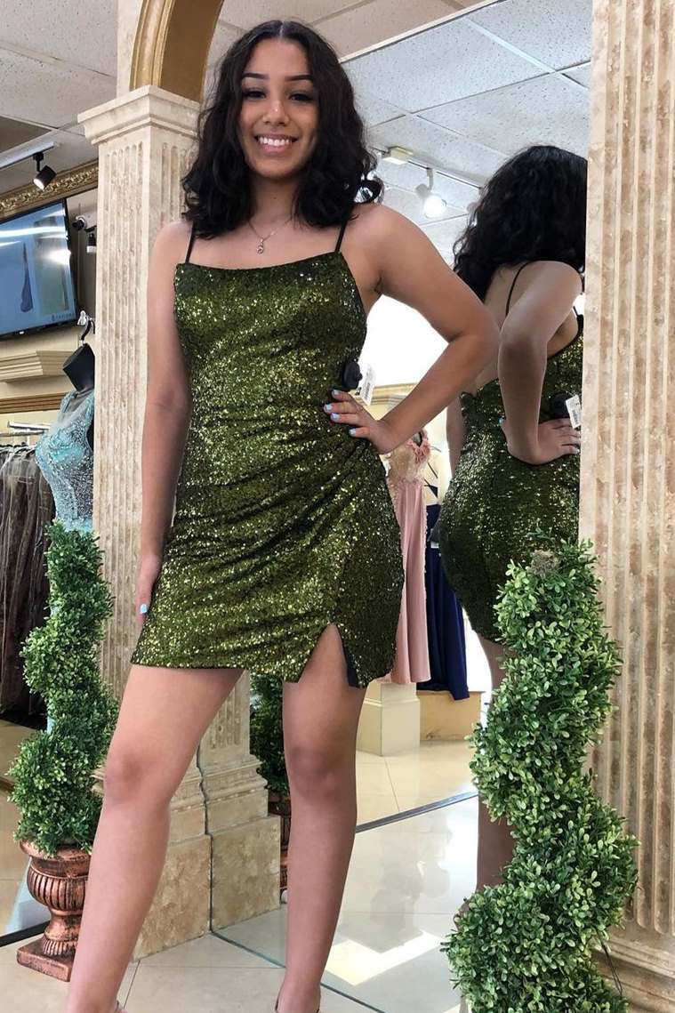 Olive Green Sequins Tight Mini Homecoming Dress