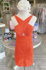 Orange Sequins Cross Front Mini Bodycon Dress