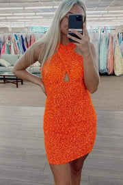 Orange Sequins Cross Front Mini Bodycon Dress