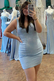 Light Blue Beaded Sheath Mini Dress