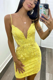 Yellow Lace Straps Bodycon Party Dress