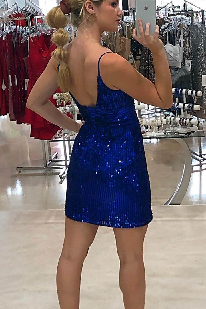 Royal Blue Sequins Bodycon Mini Dress with Straps