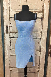 Beaded Light Blue Bodycon Party Dress with Slit