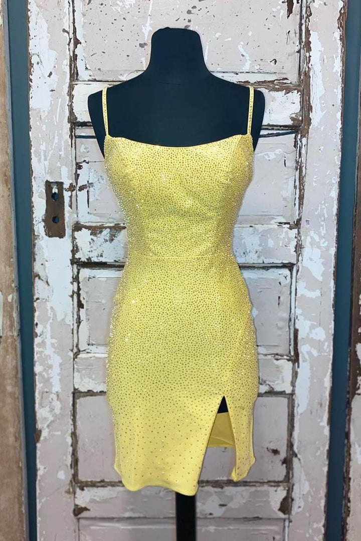 Beaded Light Blue Bodycon Party Dress with Slit