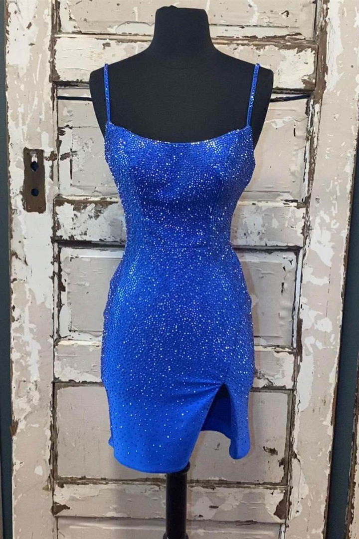 Beaded Light Blue Bodycon Party Dress with Slit