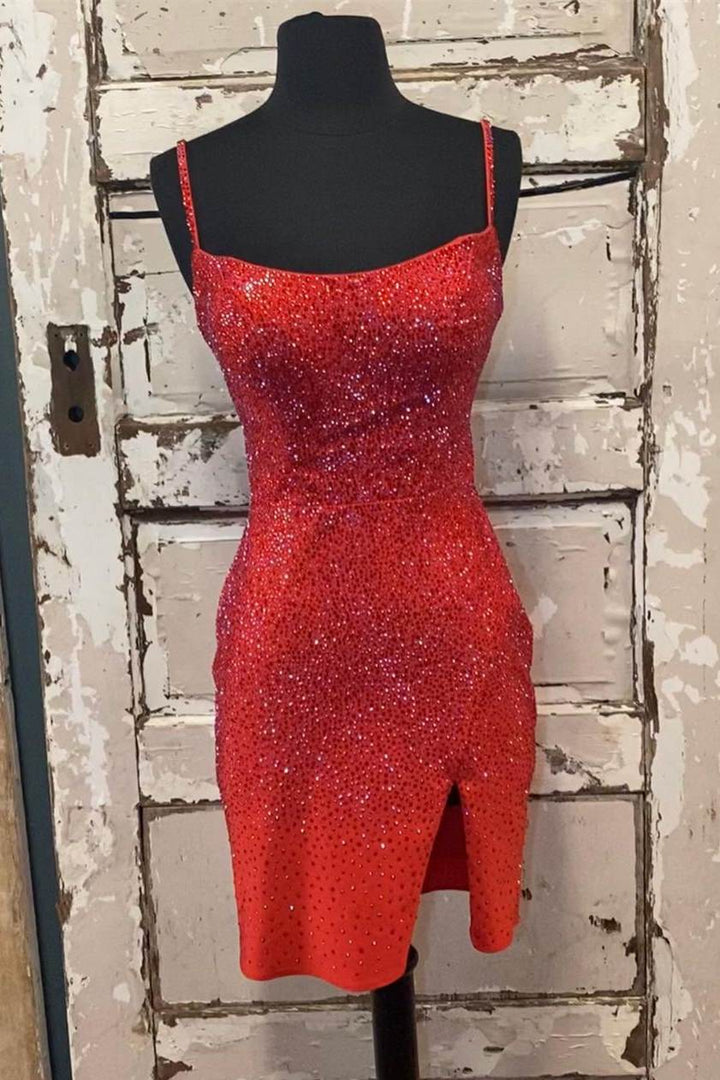Beaded Light Blue Bodycon Party Dress with Slit