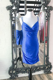 Royal Blue Beaded Spandex Mini Bodycon Dress