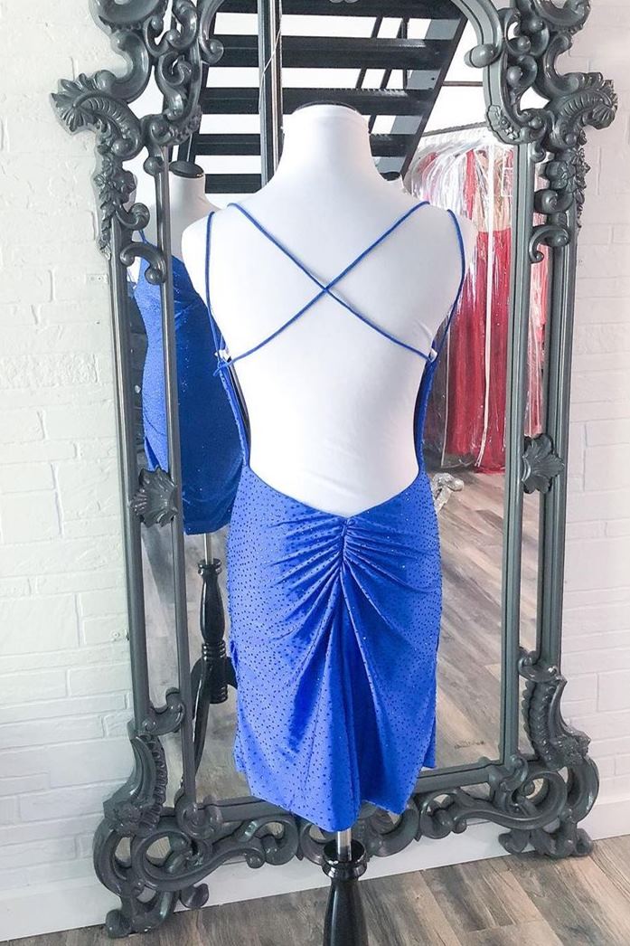 Royal Blue Beaded Spandex Mini Bodycon Dress