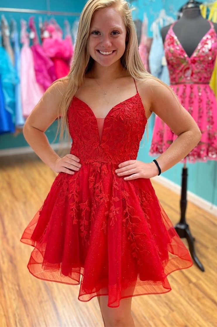 Red A-line Short Appliques Homecoming Dress