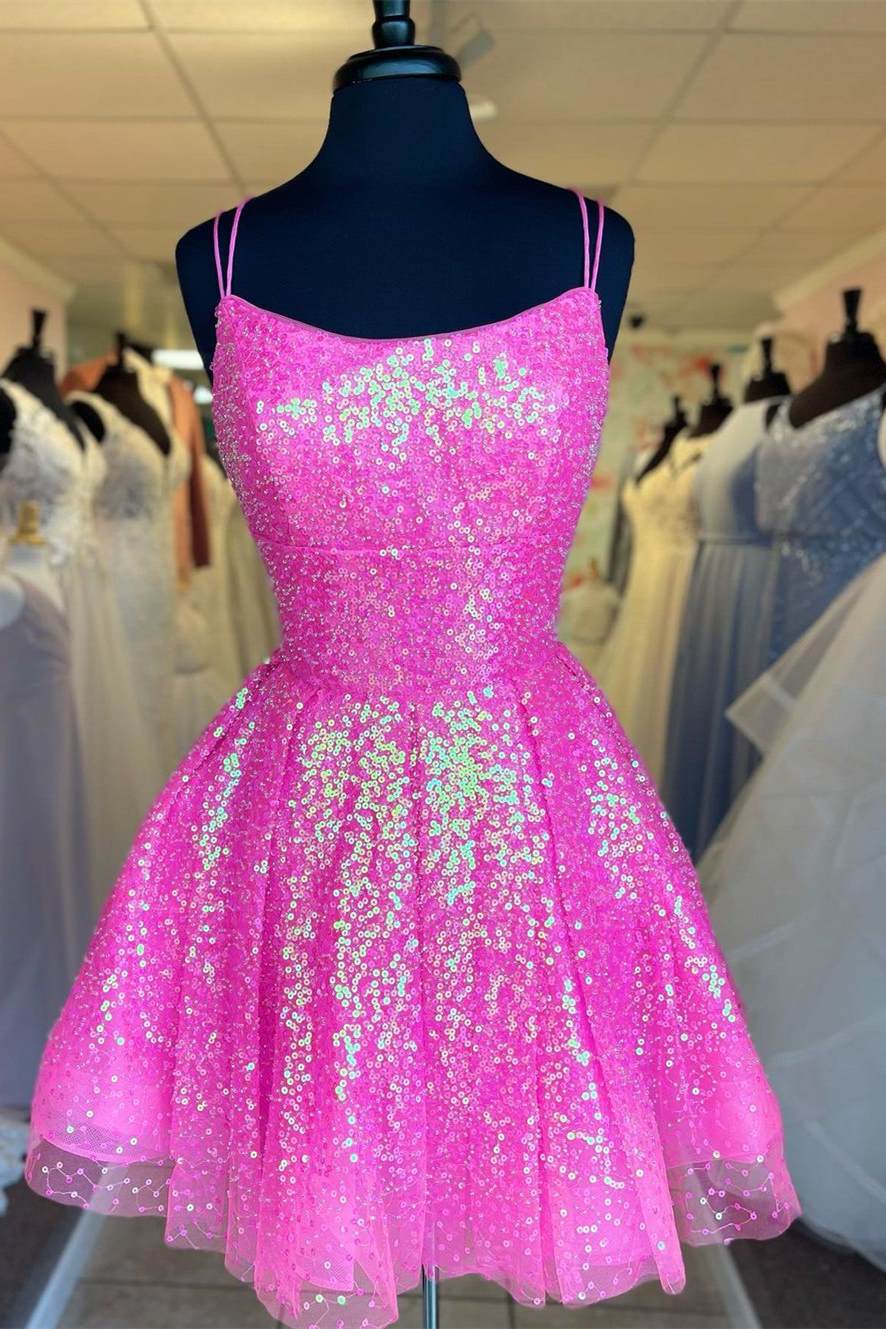 Sparkle A-line Barbie Pink Sequins Short Party Dress Modsele Sparkle A-line Barbie Pink Sequins Short Party Dress Modsele
