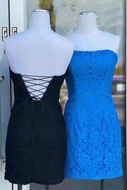 Blue Lace Strapless Bodycon Mini Dress