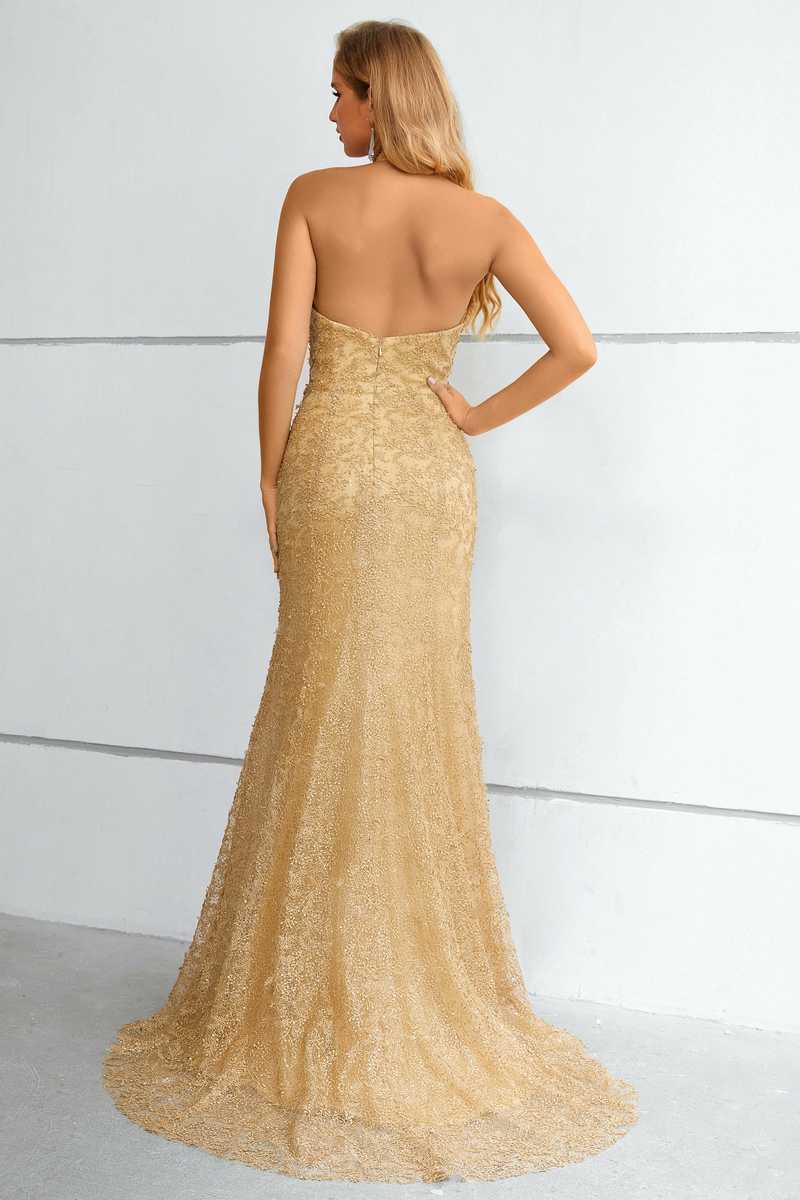 Gold Lace Halter Backless Mermaid Long Formal Dress Modsele Gold Lace Halter Backless Mermaid Long Formal Dress Modsele