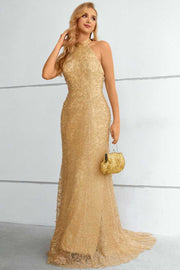 Gold Lace Halter Backless Mermaid Long Formal Dress
