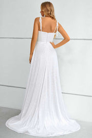 White Tie-Strap A-Line Prom Dress with Slit