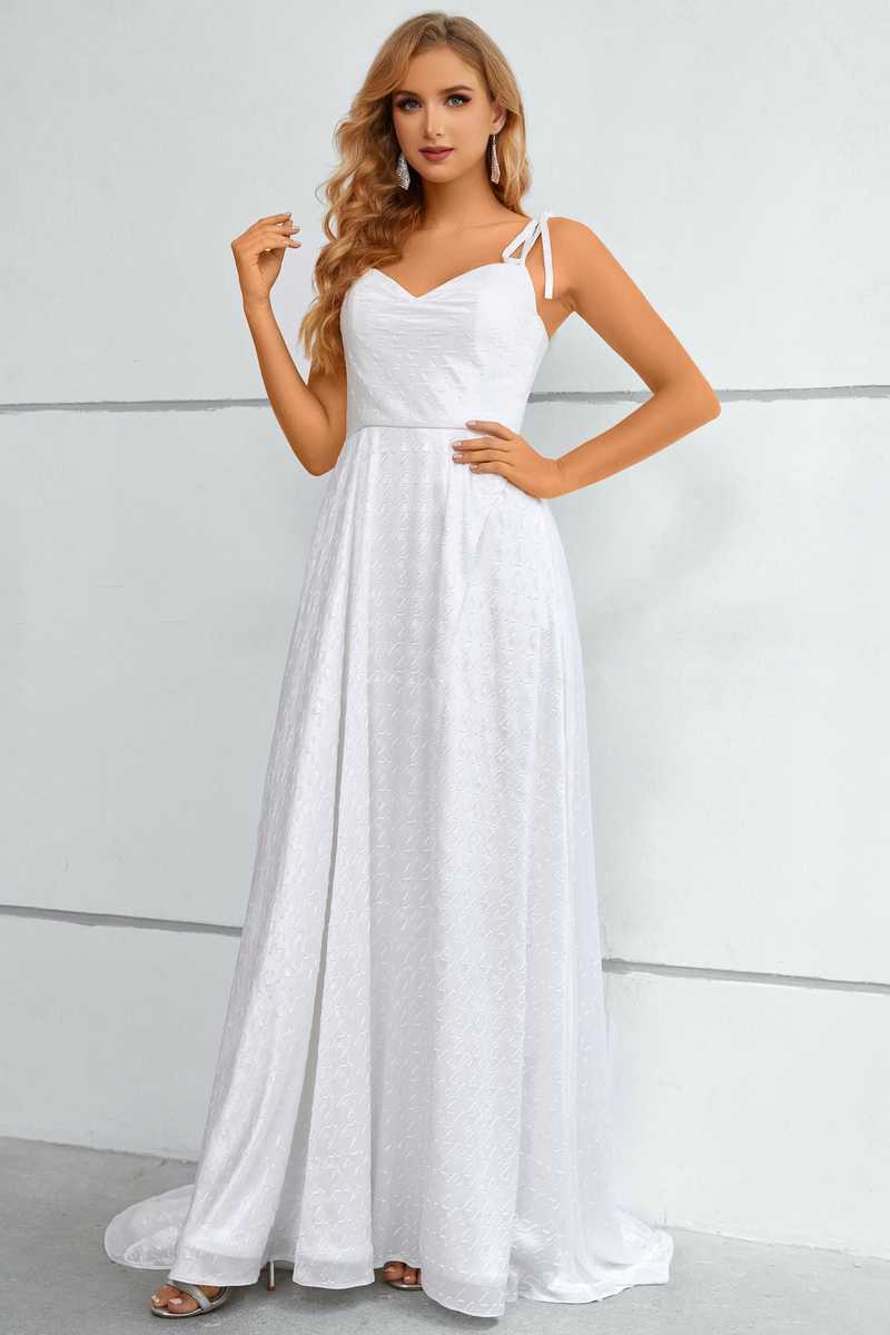 White Tie-Strap A-Line Prom Dress with Slit
