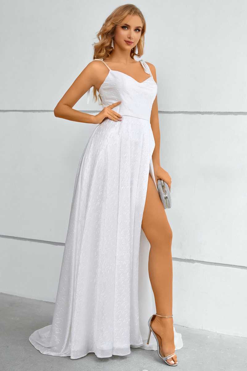 White Tie-Strap A-Line Prom Dress with Slit
