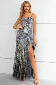 Iridescent Black Sequin Lace Spaghetti Strap Long Prom Dress with Slit
