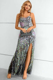 Iridescent Black Sequin Lace Spaghetti Strap Long Prom Dress with Slit