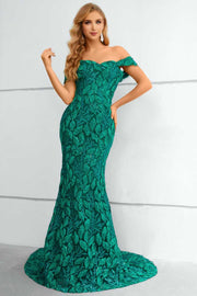 Green Lace Off-the-Shoulder Mermaid Long Formal Gown