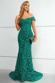 Green Lace Off-the-Shoulder Mermaid Long Formal Gown