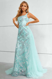 Aqua Square Neck Mermaid Long Prom Dress with Attached Train