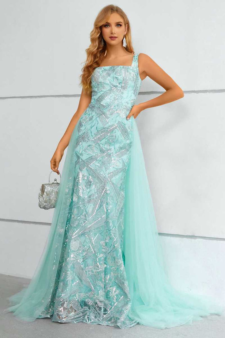 Aqua Square Neck Mermaid Long Prom Dress with Attached Train