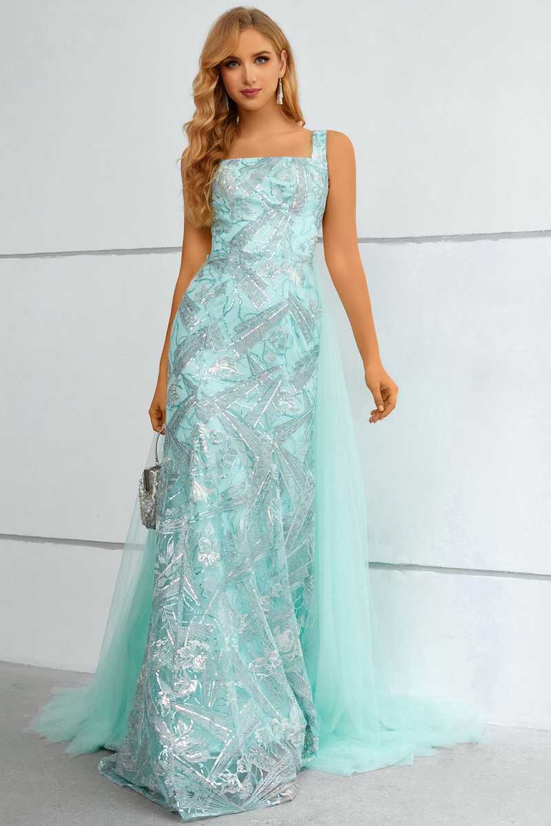 Aqua Square Neck Mermaid Long Prom Dress with Attached Train