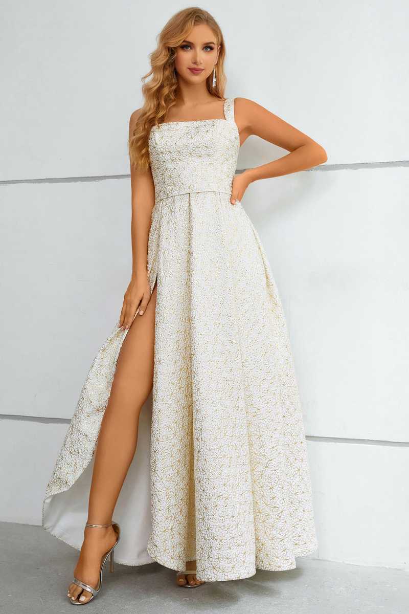 Champagne Straps A-Line Prom Dress with Slit