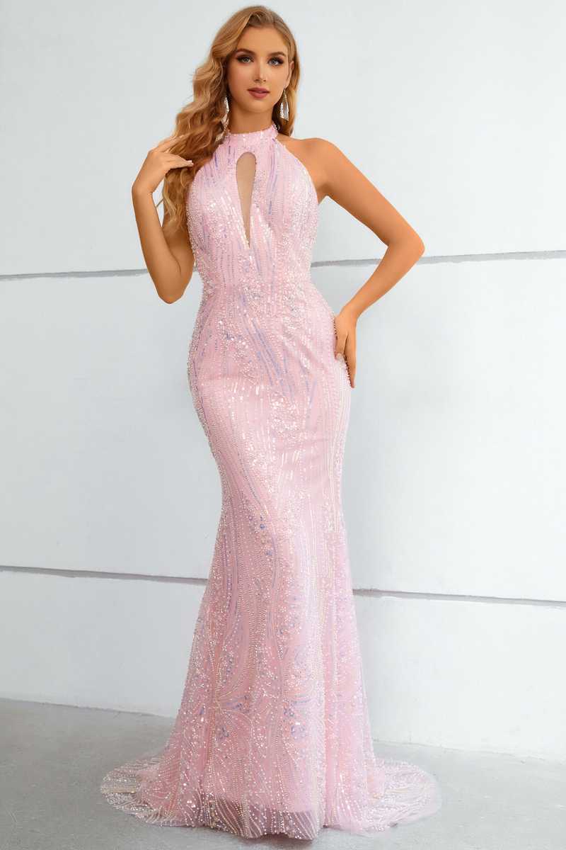 Pink Lace Halter Keyhole Mermaid Long Prom Dress