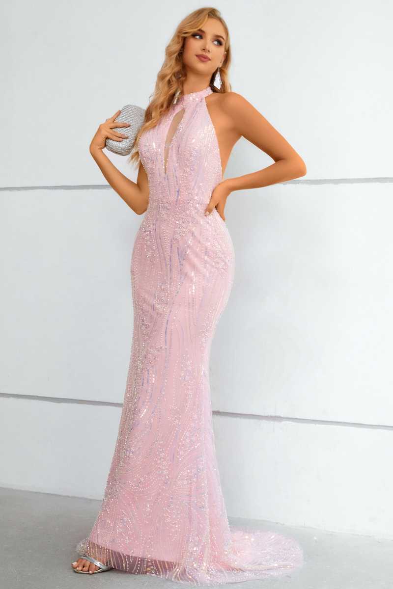 Pink Lace Halter Keyhole Mermaid Long Prom Dress