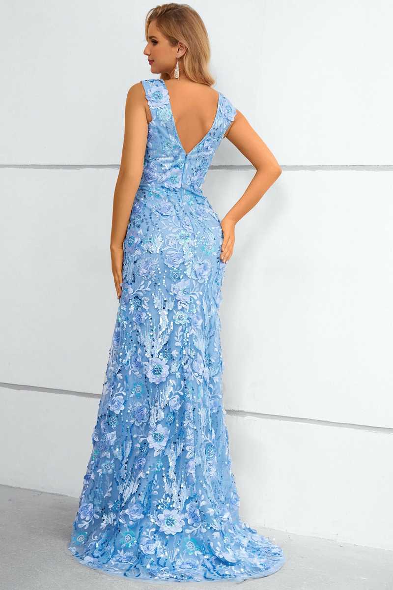 Blue 3D Floral Lace V-Neck Mermaid Long Prom Dress
