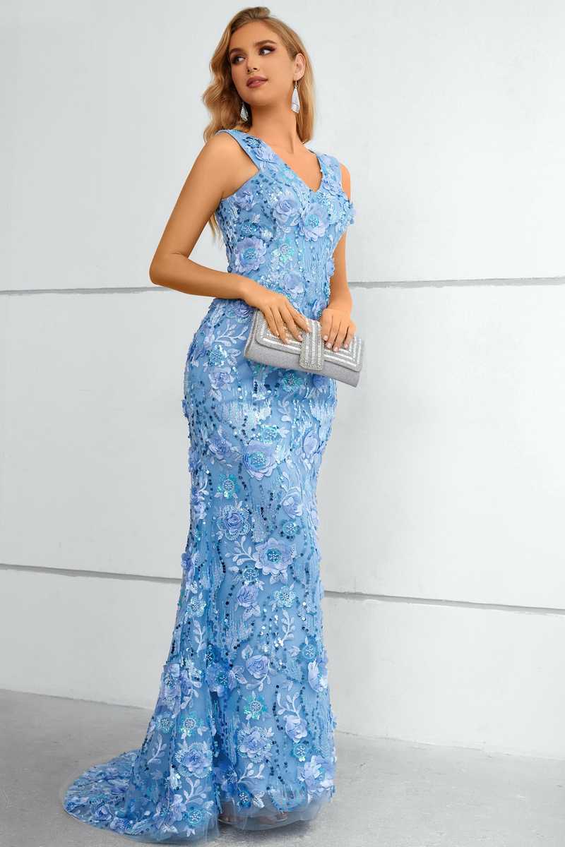 Blue 3D Floral Lace V-Neck Mermaid Long Prom Dress