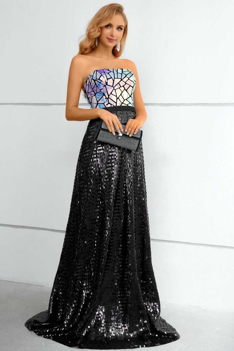 Iridescent Sequin Strapless A-Line Prom Dress