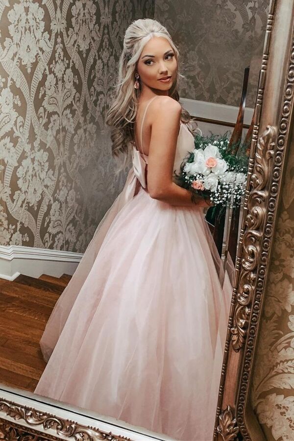 Bow Back Pink A-line Empire-Waist Sleeveless Tulle Long Prom Dress Modsele Bow Back Pink A-line Empire-Waist Sleeveless Tulle Long Prom Dress Modsele